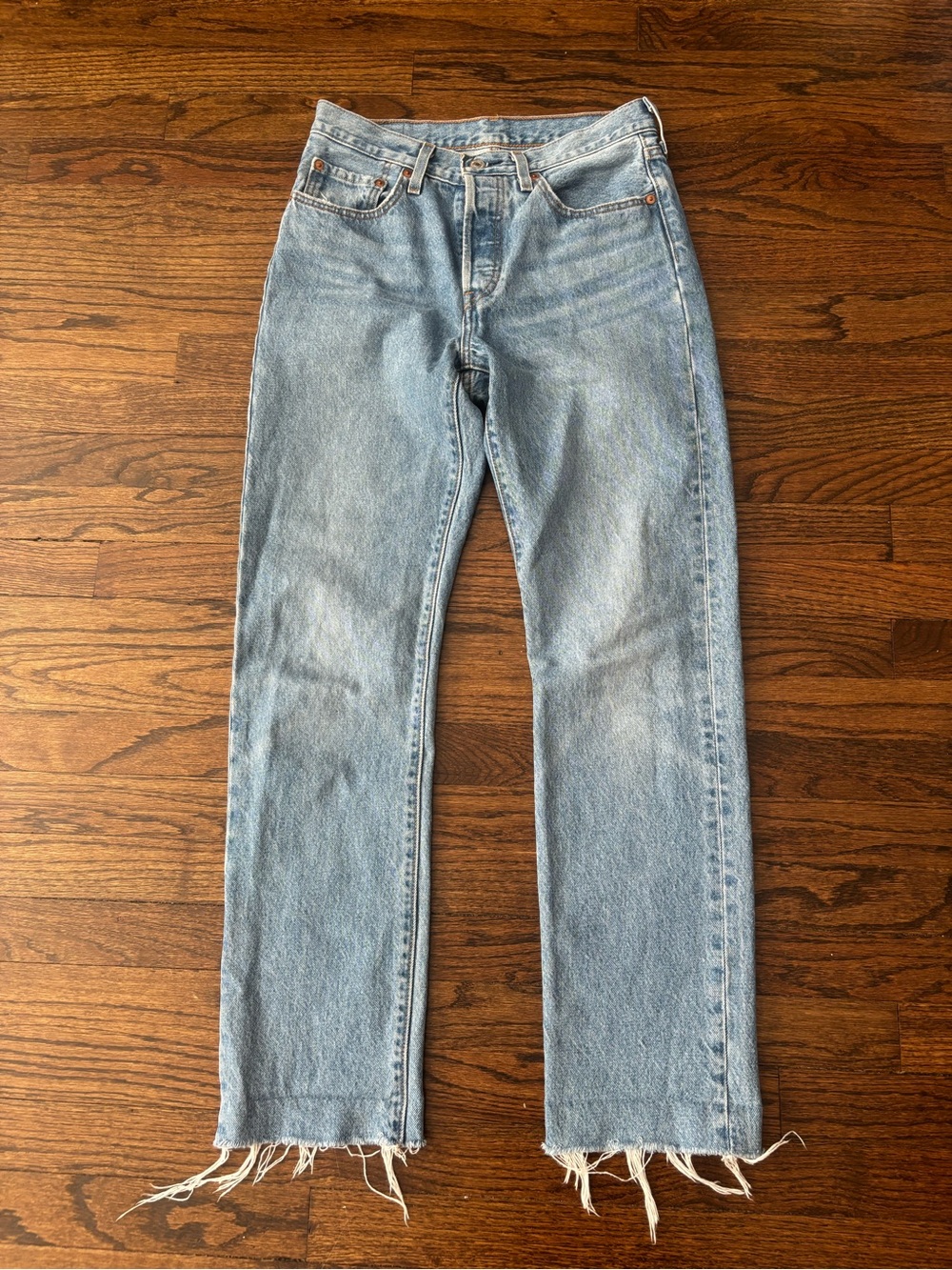 Levi 501 Light Wash Cotton Raw Hem Fray Straight Leg Jeans Waist 27